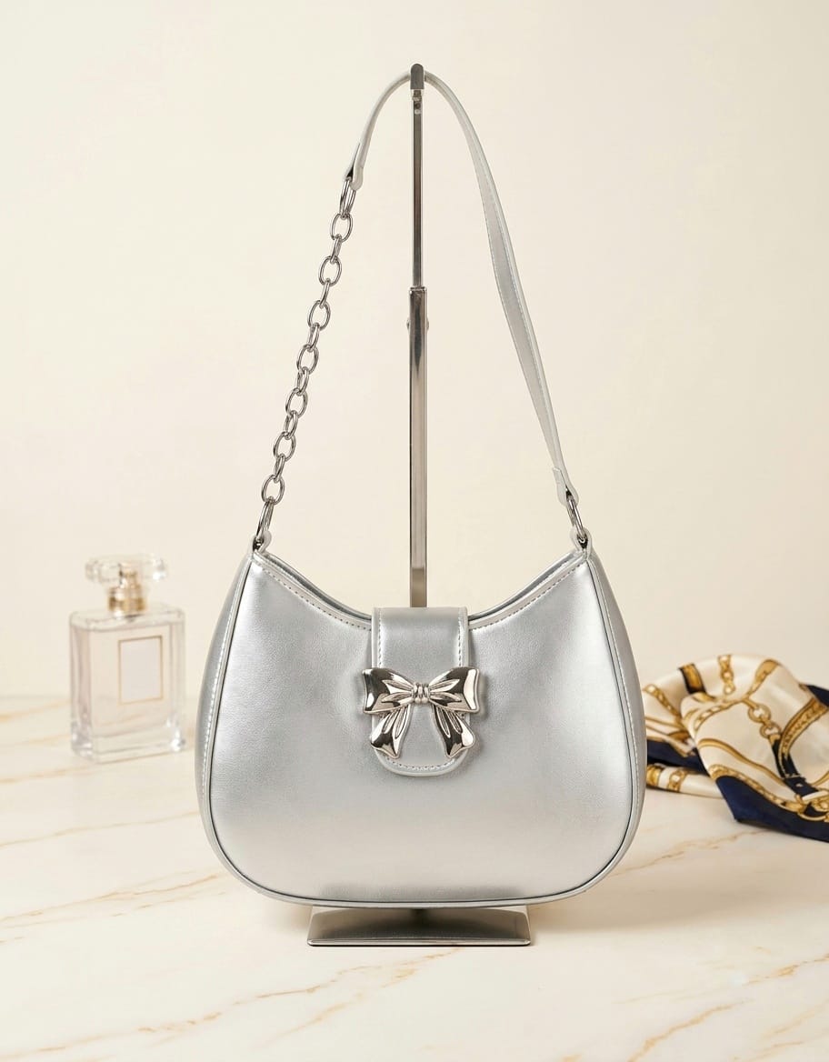 Silver Bow Chain Shoulder Bag for Women