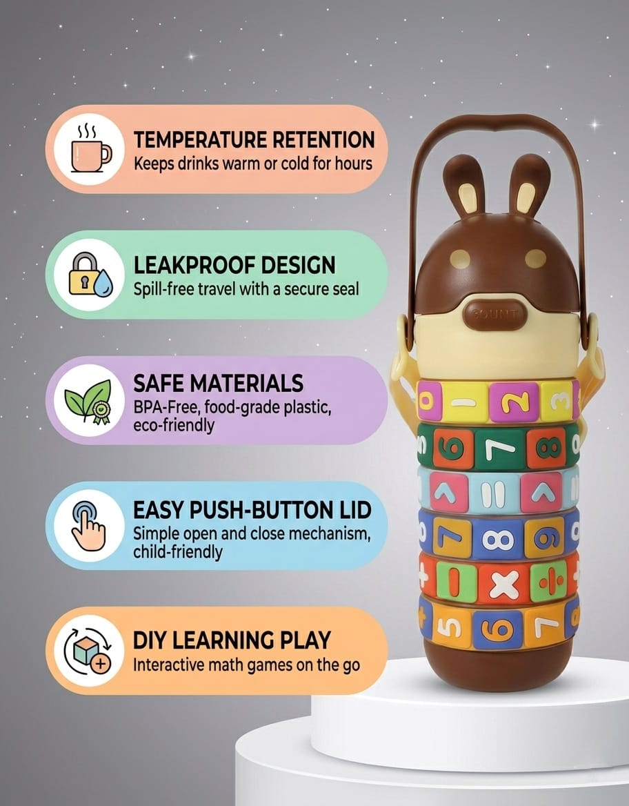 Kids Interactive Math Learning Water Bottle with Straw & Strap (520ml)