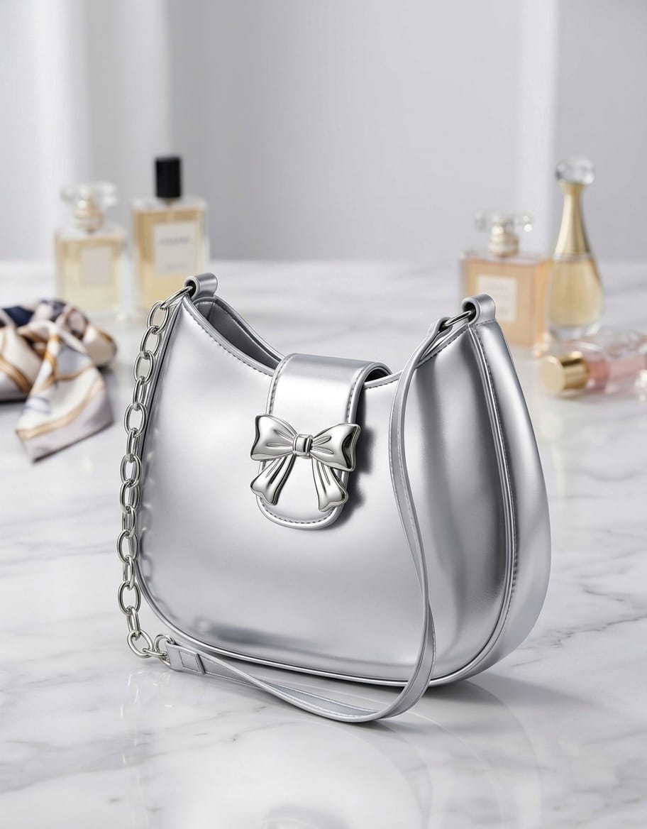 Silver Bow Chain Shoulder Bag for Women