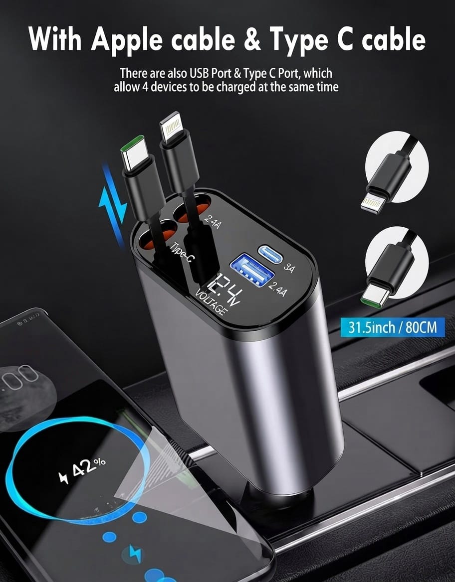 4-in-1 Retractable 66W Fast Car Charger