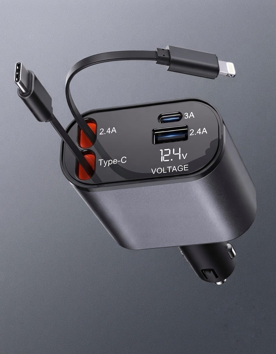 4-in-1 Retractable 66W Fast Car Charger
