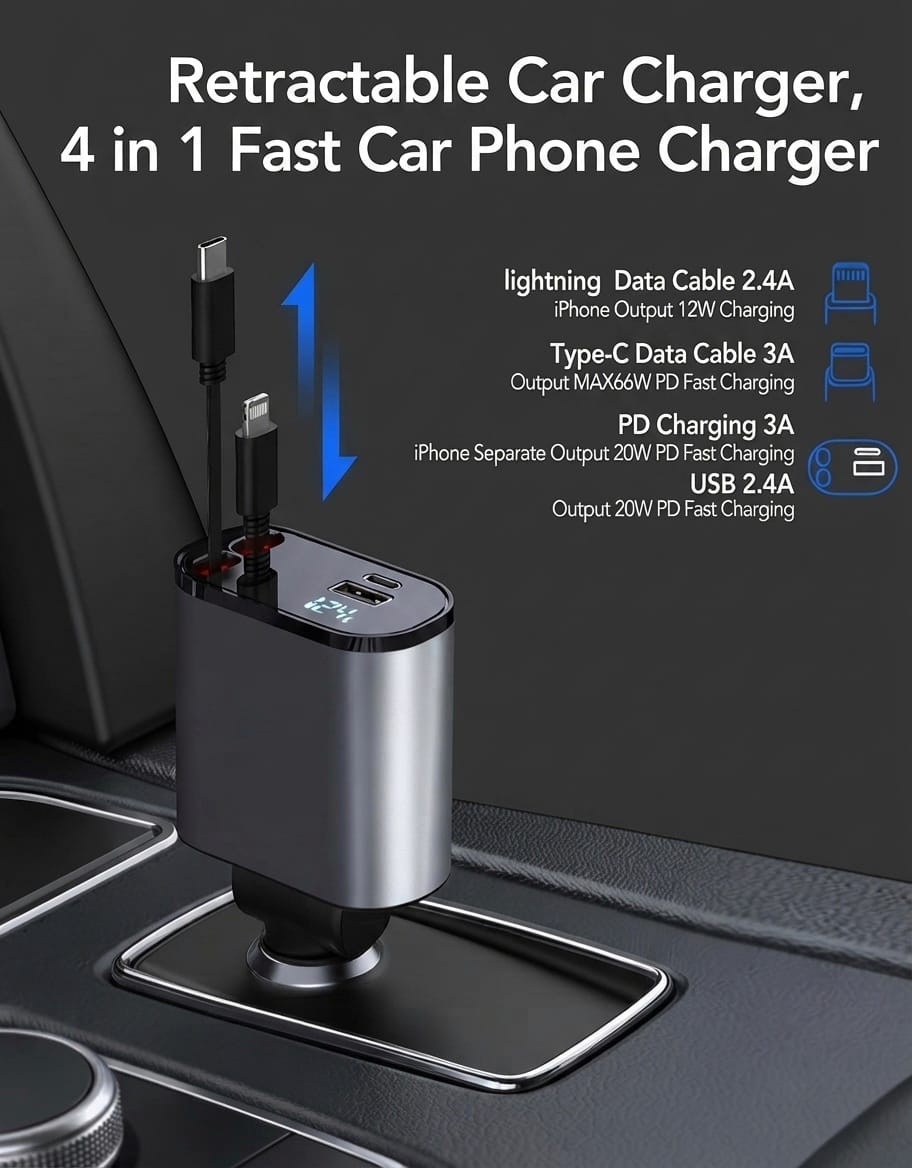 4-in-1 Retractable 66W Fast Car Charger
